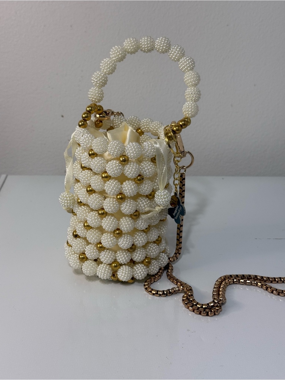 Ivory Pearl Beaded Mini Bucket Bag with Gold Accents